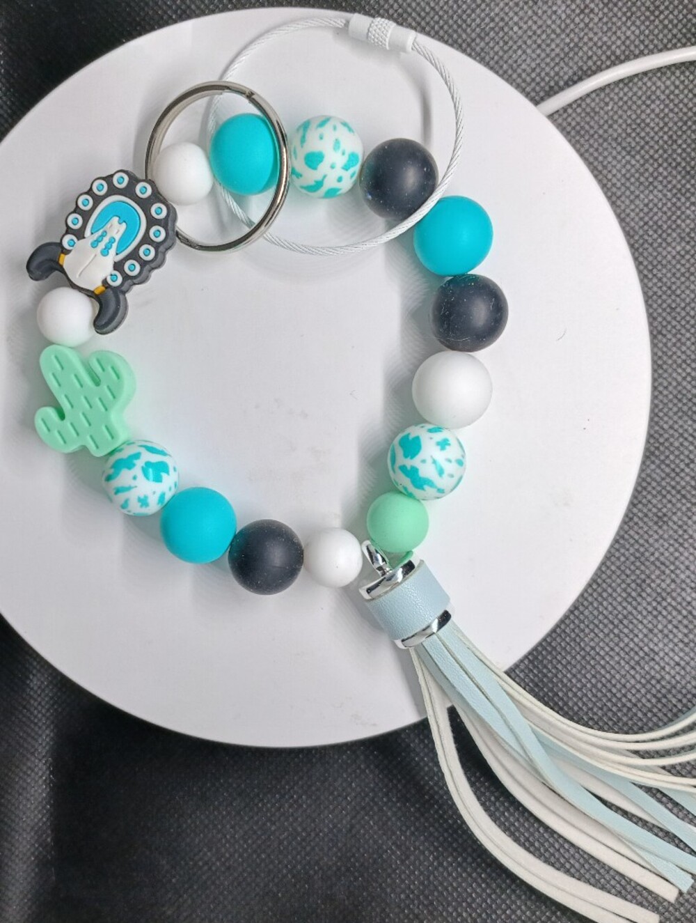 Beaded Teal & Mint Wrist Keychain with Cactus Charm